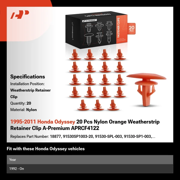 1995-2011 Honda Odyssey 20 Pcs Nylon Orange Weatherstrip Retainer Clip A-Premium APRCF4122