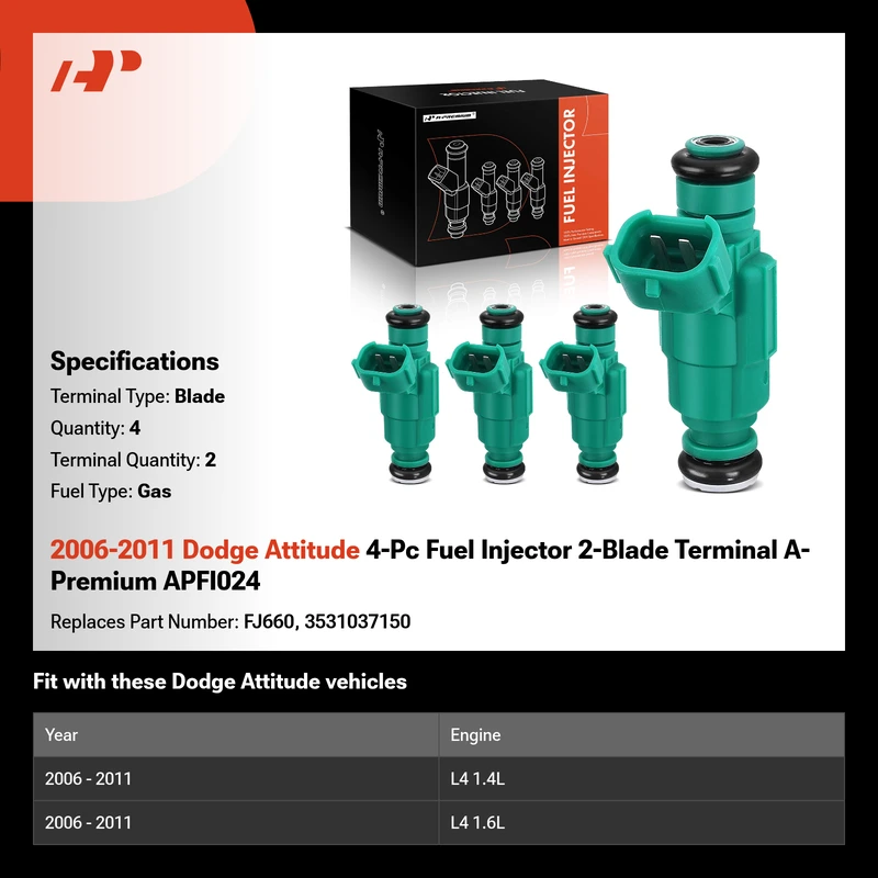 2006-2011 Dodge Attitude 4-Pc Fuel Injector 2-Blade Terminal A-Premium APFI024