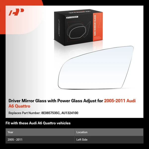 Driver Mirror Glass with Power Glass Adjust for 2005-2011 Audi A6 Quattro