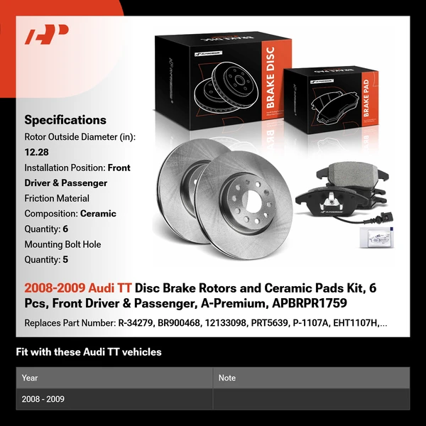 2008-2009 Audi TT Disc Brake Rotors and Ceramic Pads Kit, 6 Pcs, Front Driver & Passenger, A-Premium, APBRPR1759
