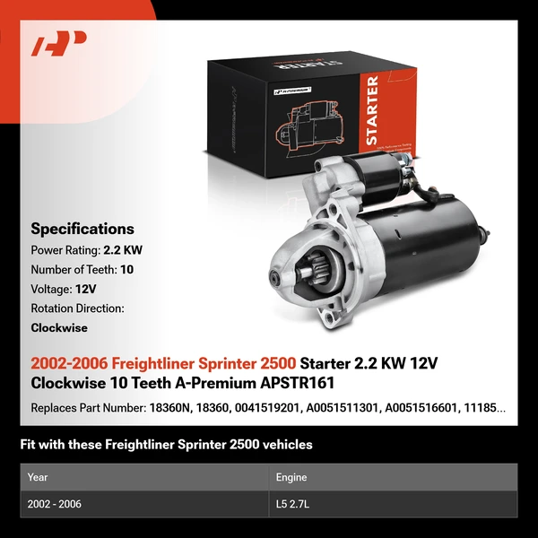 2002-2006 Freightliner Sprinter 2500 Starter 2.2 KW 12V Clockwise 10 Teeth A-Premium APSTR161