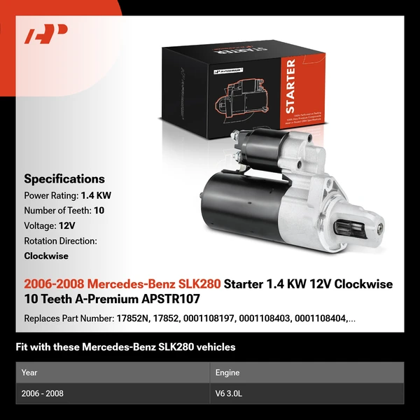 2006-2008 Mercedes-Benz SLK280 Starter 1.4 KW 12V Clockwise 10 Teeth A-Premium APSTR107