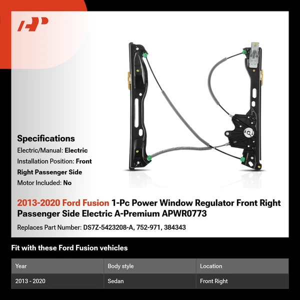 2013-2020 Ford Fusion 1-Pc Power Window Regulator Front Right Passenger Side Electric A-Premium APWR0773
