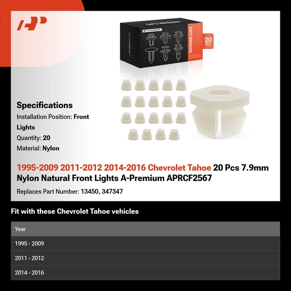 1995-2009 2011-2012 2014-2016 Chevrolet Tahoe 20 Pcs 7.9mm Nylon Natural Front Lights A-Premium APRCF2567