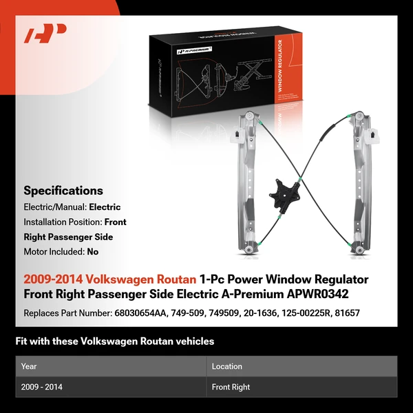 2009-2014 Volkswagen Routan 1-Pc Power Window Regulator Front Right Passenger Side Electric A-Premium APWR0342