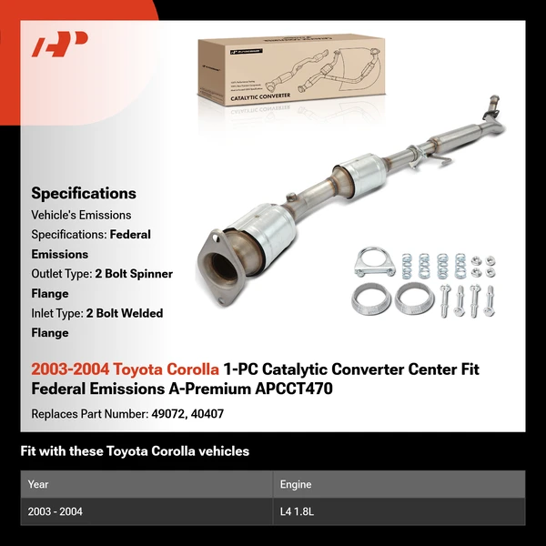 2003-2004 Toyota Corolla 1-PC Catalytic Converter Center Fit Federal Emissions A-Premium APCCT470