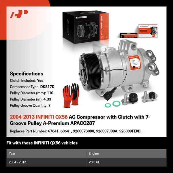 2004-2013 INFINITI QX56 AC Compressor with Clutch with 7-Groove Pulley A-Premium APACC287
