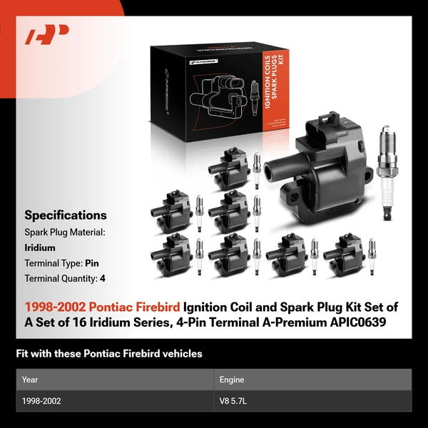 1998-2002 Pontiac Firebird Ignition Coil and Spark Plug Kit Set of A Set of 16 Iridium Series, 4-Pin Terminal A-Premium APIC0639