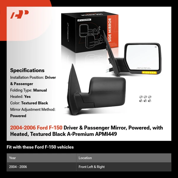 2004-2006 Ford F-150 Driver & Passenger Mirror, Powered, with Heated, Textured Black A-Premium APMI449
