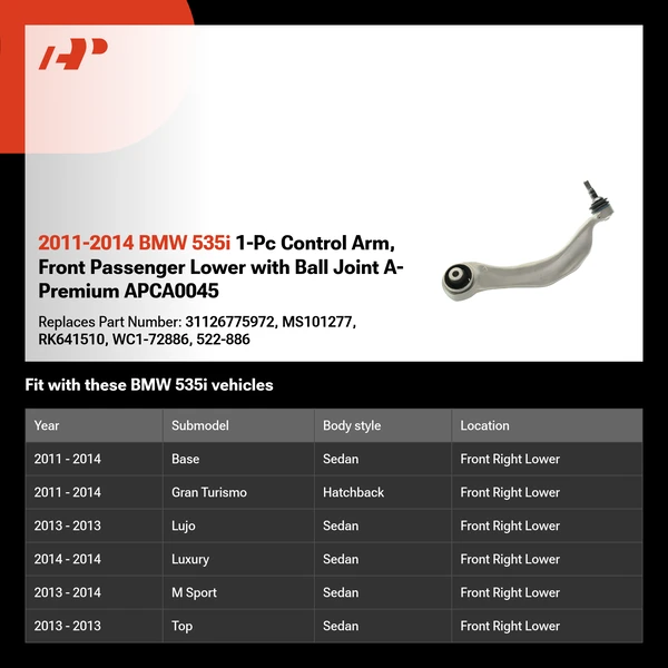 2011-2014 BMW 535i 1-Pc Control Arm, Front Passenger Lower with Ball Joint A-Premium APCA0045