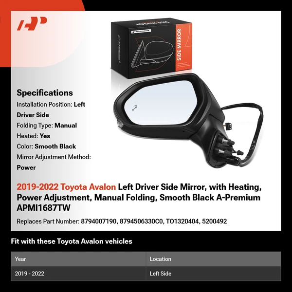 2019-2022 Toyota Avalon Left Driver Side Mirror, with Heating, Power Adjustment, Manual Folding, Smooth Black A-Premium APMI1687TW