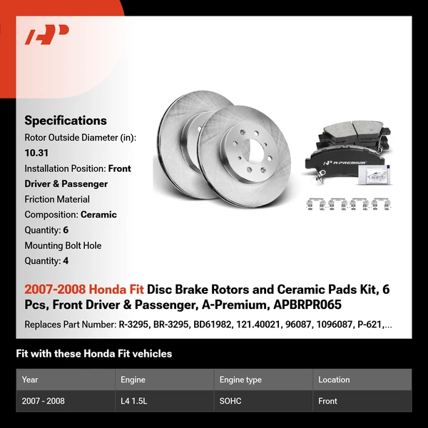2007-2008 Honda Fit Disc Brake Rotors and Ceramic Pads Kit, 6 Pcs, Front Driver & Passenger, A-Premium, APBRPR065