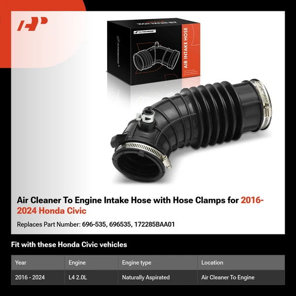 Air Cleaner To Engine Intake Hose with Hose Clamps for 2016-2024 Honda Civic