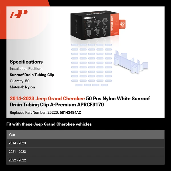 2014-2023 Jeep Grand Cherokee 50 Pcs Nylon White Sunroof Drain Tubing Clip A-Premium APRCF3170