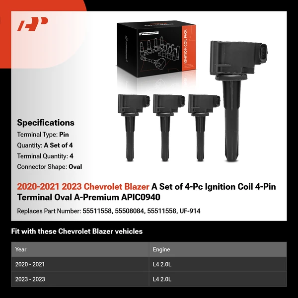 2020-2021 2023 Chevrolet Blazer A Set of 4-Pc Ignition Coil 4-Pin Terminal Oval A-Premium APIC0940