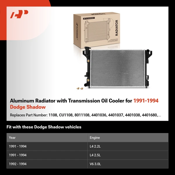 Aluminum Radiator with Transmission Oil Cooler for 1991-1994 Dodge Shadow
