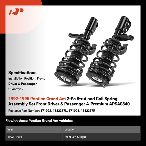 1992-1995 Pontiac Grand Am 2-Pc Strut and Coil Spring Assembly Set Front Driver & Passenger A-Premium APSA0340