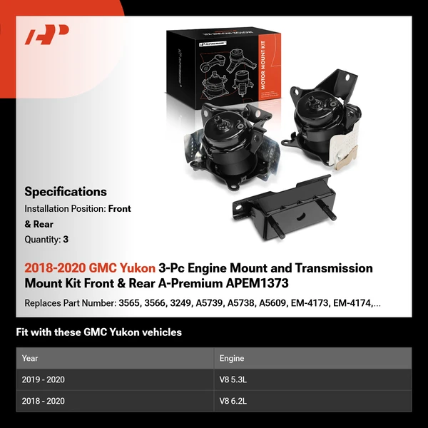2018-2020 GMC Yukon 3-Pc Engine Mount and Transmission Mount Kit Front & Rear A-Premium APEM1373