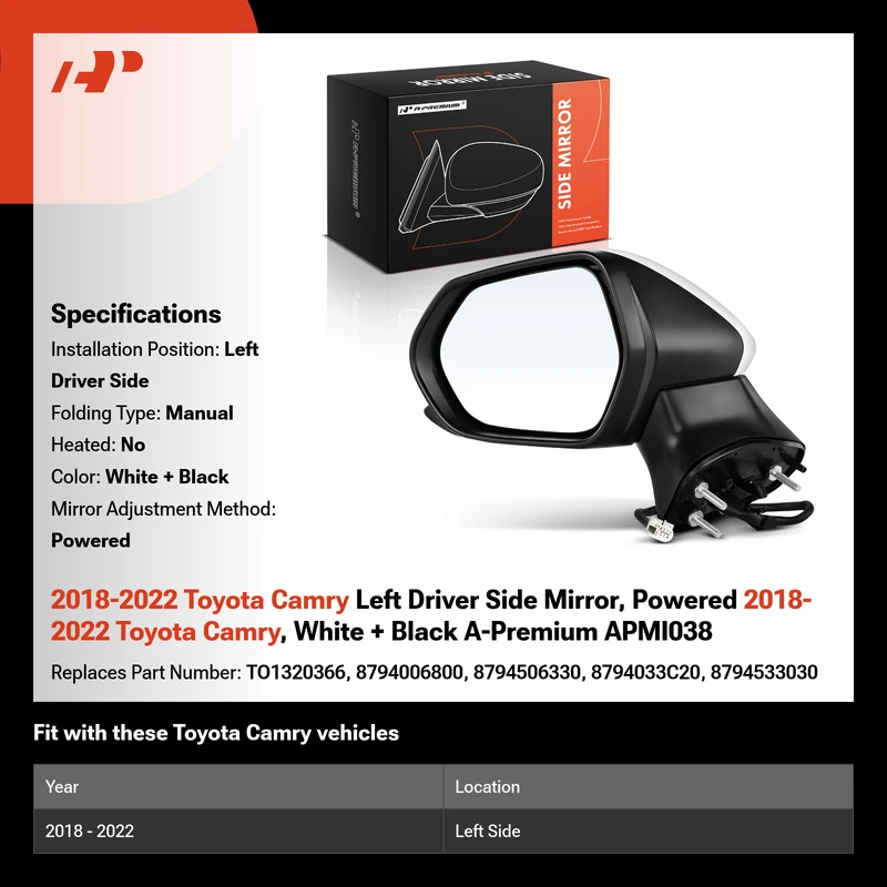 2018-2022 Toyota Camry Left Driver Side Mirror, Powered 2018-2022 Toyota Camry, White + Black A-Premium APMI038