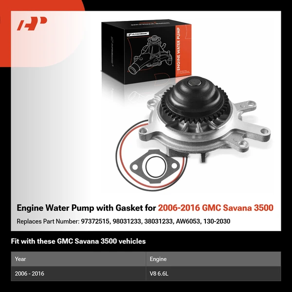 Engine Water Pump with Gasket for 2006-2016 GMC Savana 3500