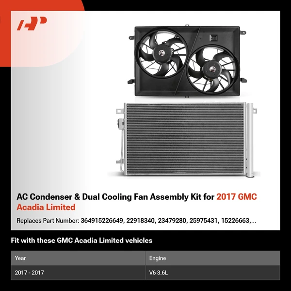 AC Condenser & Dual Cooling Fan Assembly Kit for 2017 GMC Acadia Limited