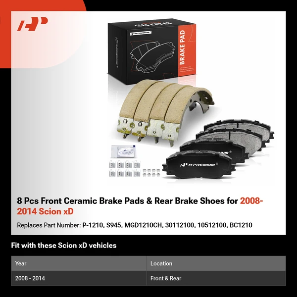 8 Pcs Front Ceramic Brake Pads & Rear Brake Shoes for 2008-2014 Scion xD