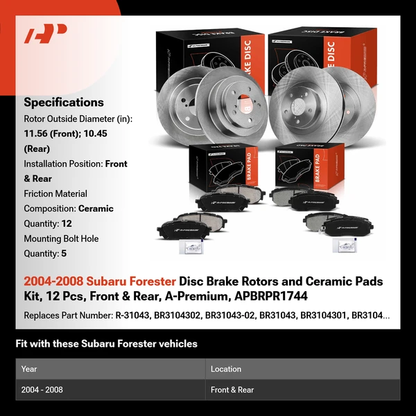 2004-2008 Subaru Forester Disc Brake Rotors and Ceramic Pads Kit, 12 Pcs, Front & Rear, A-Premium, APBRPR1744