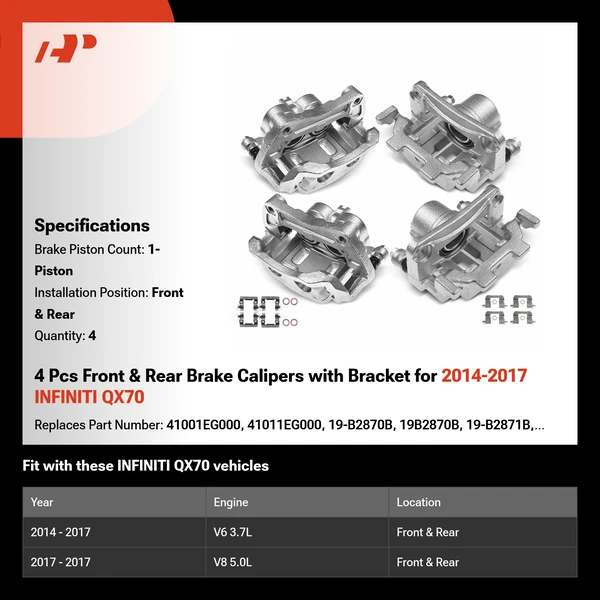 4 Pcs Front & Rear Brake Calipers with Bracket for 2014-2017 INFINITI QX70