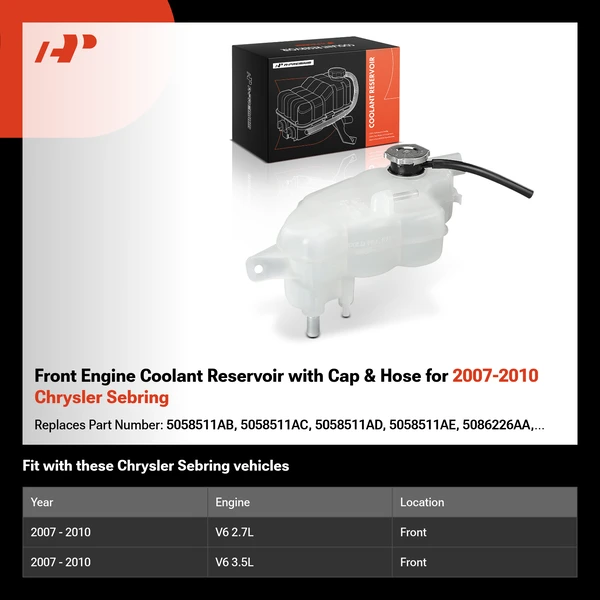 Front Engine Coolant Reservoir with Cap & Hose for 2007-2010 Chrysler Sebring