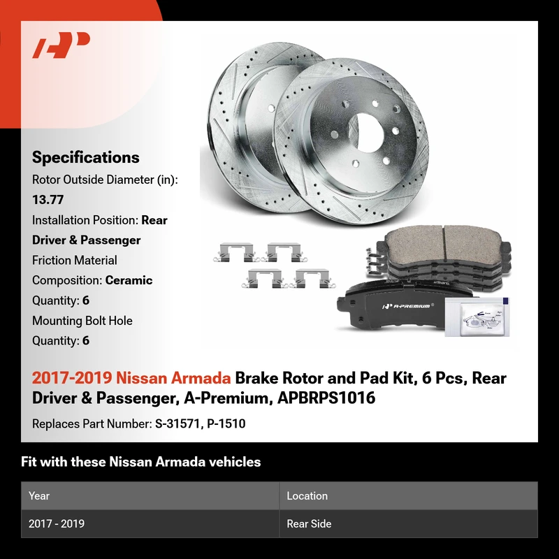 2017-2019 Nissan Armada Brake Rotor and Pad Kit, 6 Pcs, Rear Driver & Passenger, A-Premium, APBRPS1016