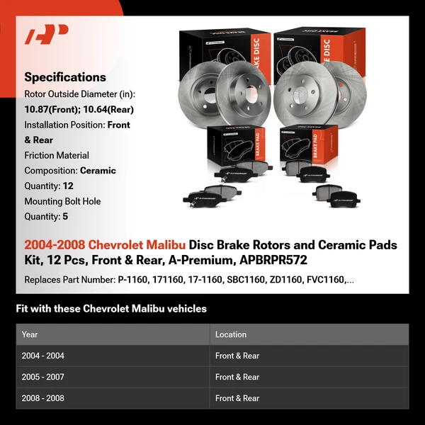 2004-2008 Chevrolet Malibu Disc Brake Rotors and Ceramic Pads Kit, 12 Pcs, Front & Rear, A-Premium, APBRPR572