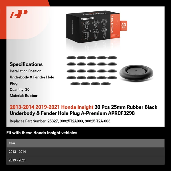 2013-2014 2019-2021 Honda Insight 30 Pcs 25mm Rubber Black Underbody & Fender Hole Plug A-Premium APRCF3298