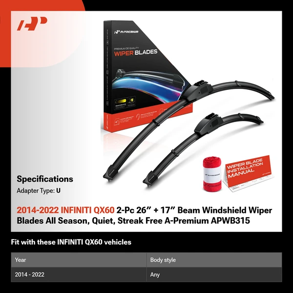2014-2022 INFINITI QX60 2-Pc 26″ + 17″ Beam Windshield Wiper Blades All Season, Quiet, Streak Free A-Premium APWB315