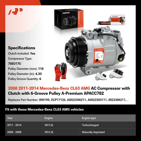 2008 2011-2014 Mercedes-Benz CL63 AMG AC Compressor with Clutch with 6-Groove Pulley A-Premium APACC782