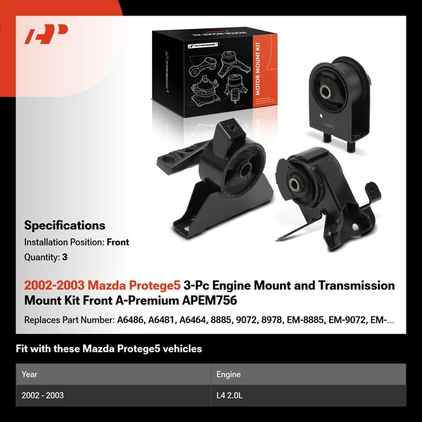 2002-2003 Mazda Protege5 3-Pc Engine Mount and Transmission Mount Kit Front A-Premium APEM756