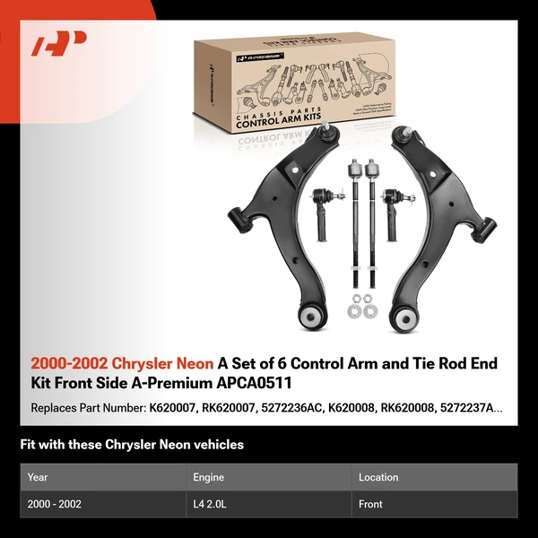 2000-2002 Chrysler Neon A Set of 6 Control Arm and Tie Rod End Kit Front Side A-Premium APCA0511
