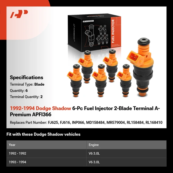 1992-1994 Dodge Shadow 6-Pc Fuel Injector 2-Blade Terminal A-Premium APFI366