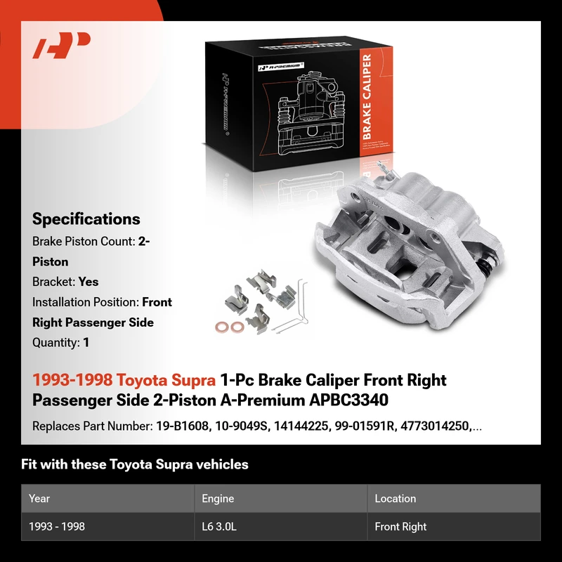 1993-1998 Toyota Supra 1-Pc Brake Caliper Front Right Passenger Side 2-Piston A-Premium APBC3340