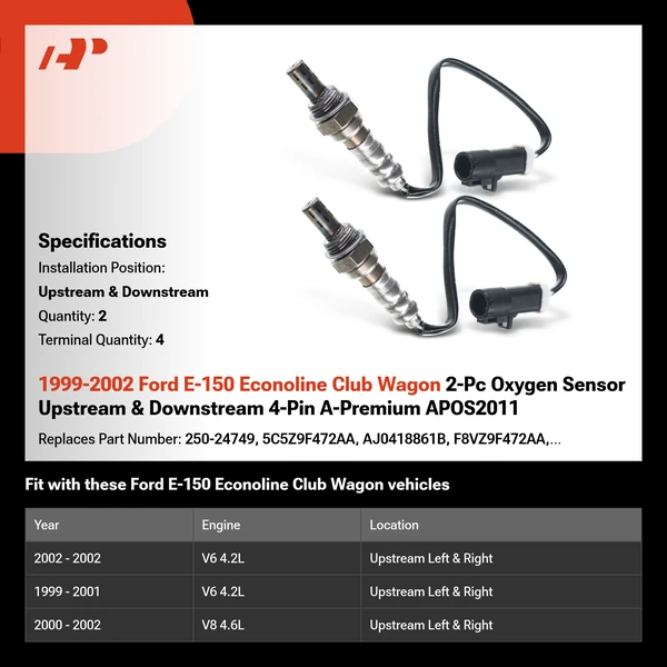 1999-2002 Ford E-150 Econoline Club Wagon 2-Pc Oxygen Sensor Upstream & Downstream 4-Pin A-Premium APOS2011