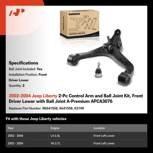 2002-2004 Jeep Liberty 2-Pc Control Arm and Ball Joint Kit, Front Driver Lower with Ball Joint A-Premium APCA3076