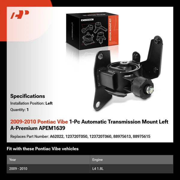 2009-2010 Pontiac Vibe 1-Pc Automatic Transmission Mount Left A-Premium APEM1639