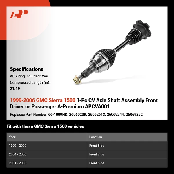 1999-2006 GMC Sierra 1500 1-Pc CV Axle Shaft Assembly Front Driver or Passenger A-Premium APCVA001