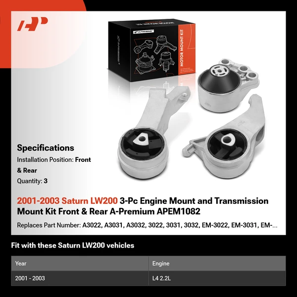 2001-2003 Saturn LW200 3-Pc Engine Mount and Transmission Mount Kit Front & Rear A-Premium APEM1082