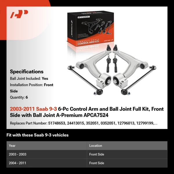 2003-2011 Saab 9-3 6-Pc Control Arm and Ball Joint Full Kit, Front Side with Ball Joint A-Premium APCA7524