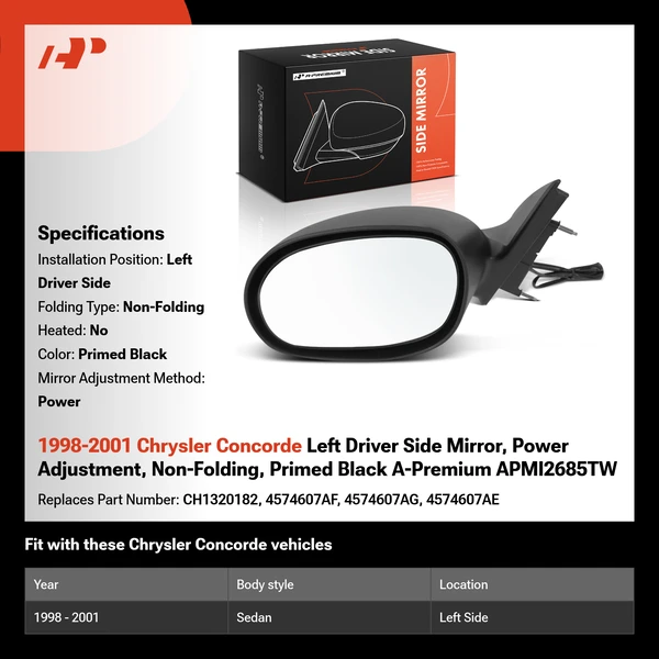 1998-2001 Chrysler Concorde Left Driver Side Mirror, Power Adjustment, Non-Folding, Primed Black A-Premium APMI2685TW