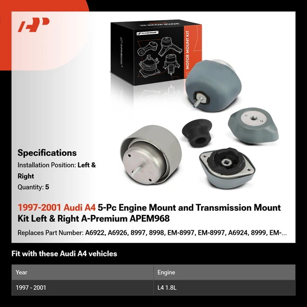 1997-2001 Audi A4 5-Pc Engine Mount and Transmission Mount Kit Left & Right A-Premium APEM968