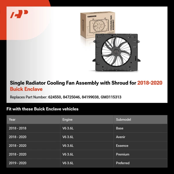 Single Radiator Cooling Fan Assembly with Shroud for 2018-2020 Buick Enclave