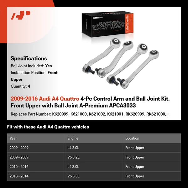 2009-2016 Audi A4 Quattro 4-Pc Control Arm and Ball Joint Kit, Front Upper with Ball Joint A-Premium APCA3033