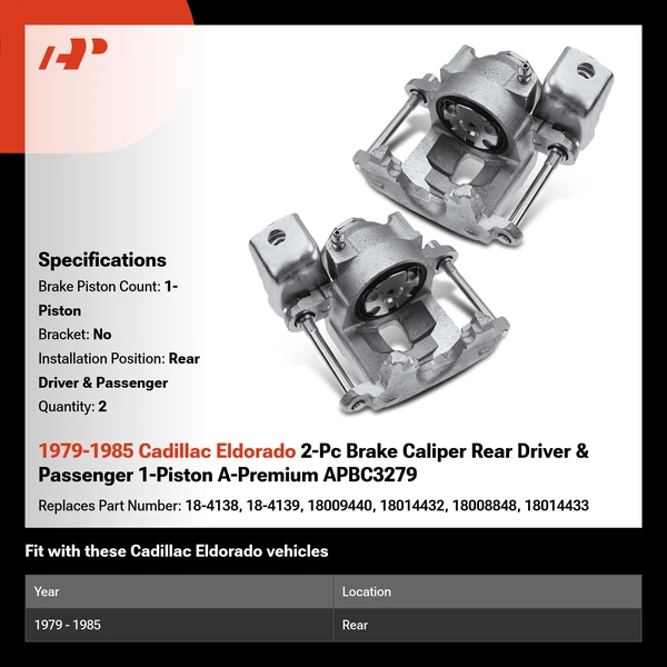 1979-1985 Cadillac Eldorado 2-Pc Brake Caliper Rear Driver & Passenger 1-Piston A-Premium APBC3279