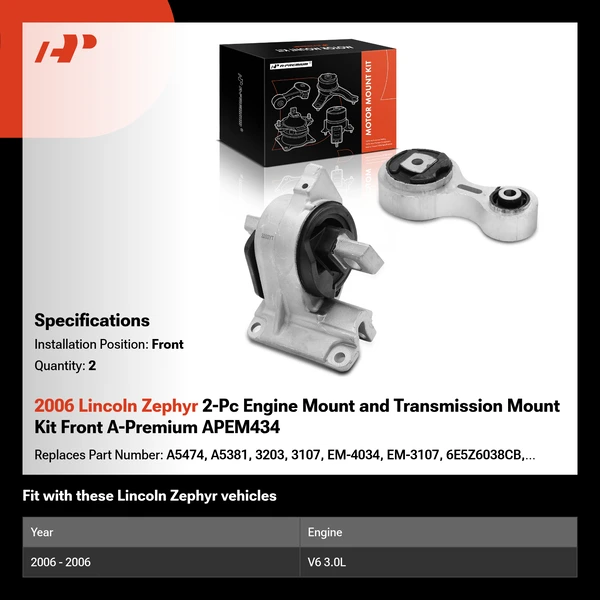 2006 Lincoln Zephyr 2-Pc Engine Mount and Transmission Mount Kit Front A-Premium APEM434